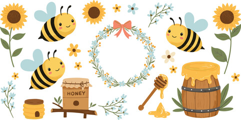 Fototapeta premium Whimsical bee illustration, honey barrel, floral wreath, sunflowers, honey dipper, beehive, cartoon bees, colorful flowers, nature design, sweet honey art