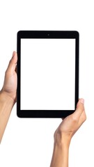 Hands holding a tablet with a blank screen