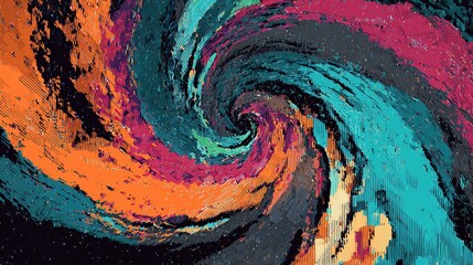 Vivid, textured spiral of orange, teal, & pink, flowing into a central vortex