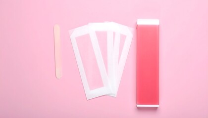 An overhead shot displays depilation tools wax strips, a pink block of wax, and a wooden spatula, arranged on a solid pink surface