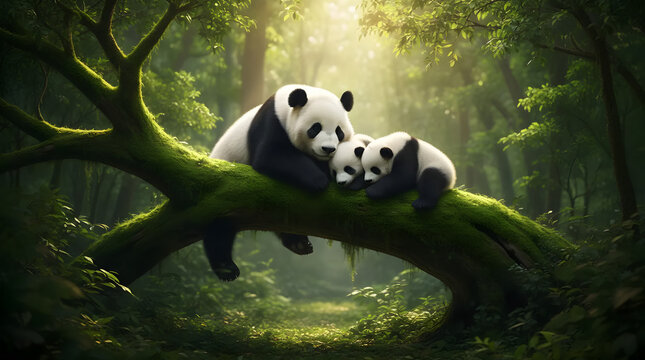 A heartwarming scene of a panda mother embracing her two adorable cubs on a mossy tree branch in a sunlit forest, showcasing the beauty of nature and family love