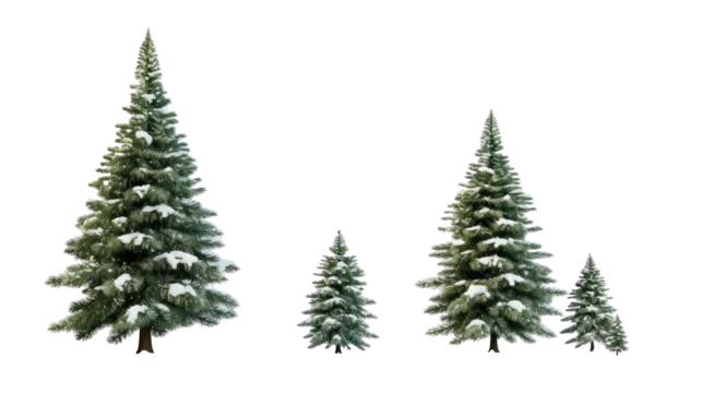 Group of snowy evergreen trees isolated on transparent background