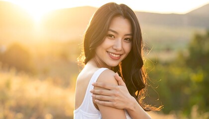 Smiling woman in a sunlit field