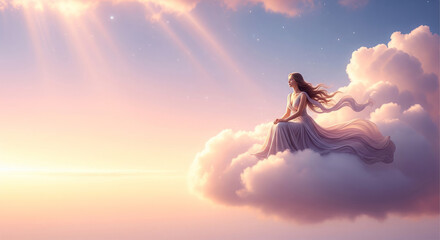 Dreamy Surreal Portrait of Woman on a Cloud