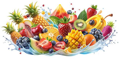 Exotic fruit explosion with refreshing water splashes healthy eating and vibrant colors for summer enjoyment and wellness campaigns