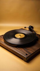 Rotating vinyl record on a wooden turntable with warm lighting effects