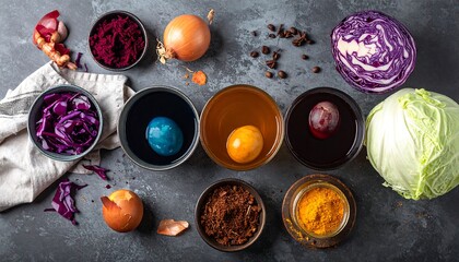 An overhead shot displays various bowls, ingredients, and dyed eggs with a dark background, showcasing a natural Easter egg dyeing setup