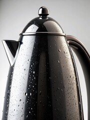 Close-up shot of a shiny black kettle with a slender silver spout against a stark white backdrop