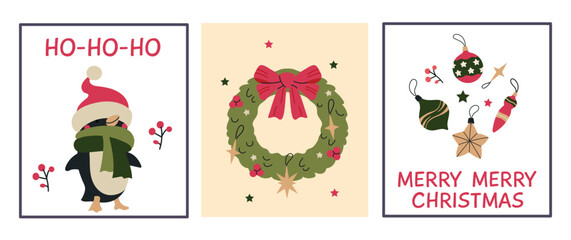 Set collection of Christmas New Year card banner poster invitation illustration with christmas penguin, toys and wreath