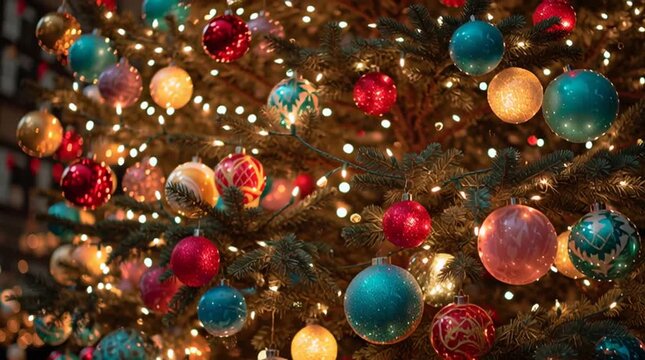 Close up of a christmas tree decorated with colorful ornaments and glowing string lights indoors