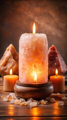 Aromatic Himalayan pink salt lamp with candles