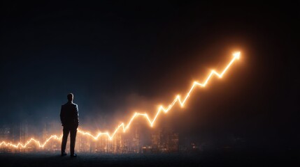 Fototapeta premium Man observing glowing upward financial graph suit dark
