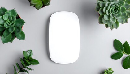 An overhead shot features a white, oval-shaped object at the center. Green succulents and leaves surround the object on a gray surface