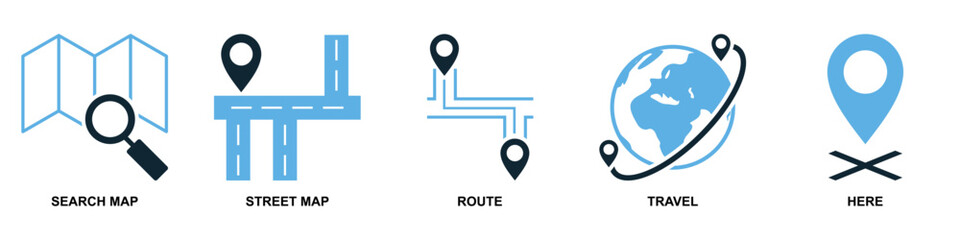 Set of location and navigation vector icons. Essential graphics for GPS, travel, and mapping applications. This collection is ideal for user interface, providing clear symbols for finding places