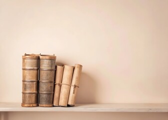 A shelf filled with old leather-bound books and scrolls in a dimly lit library