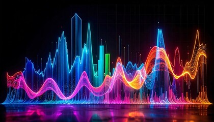 An abstract depiction of data visualization, featuring glowing neon lines and bar graphs over a reflective surface