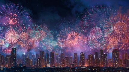 City skyline illuminated by a vibrant and colorful fireworks display at night celebration scene - Powered by Adobe