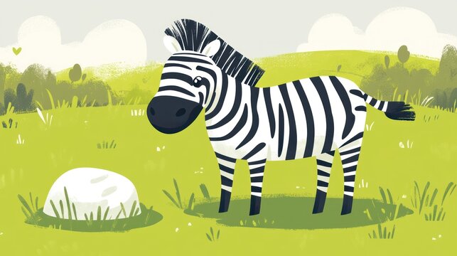 Cartoon zebra standing in a field with a stone and green landscape background