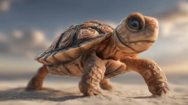 A captivating close-up of a small tortoise, showcasing intricate shell patterns and large, expressive eyes, against a serene, natural backdrop.