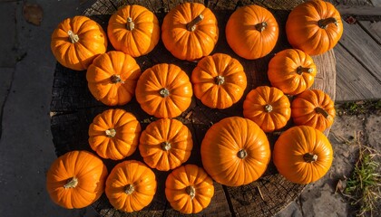 Overhead shot of a dozen small, bright orange gourds with stems, arranged on a rough, weathered wood surface