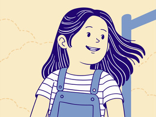 Professional Illustration: Joyful Young Girl with Windswept Hair and Overalls
