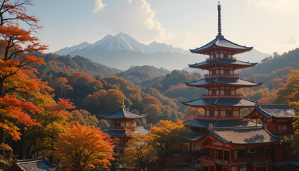 Obraz premium Autumn Colors Adorn Japanese Pagoda Amidst Mountain Scenery