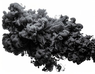 Abstract Black Cloud Explosion Floating on White Background Creating Intricate Swirls and Dramatic Smoke Like Plumes with Dark Gray Hues