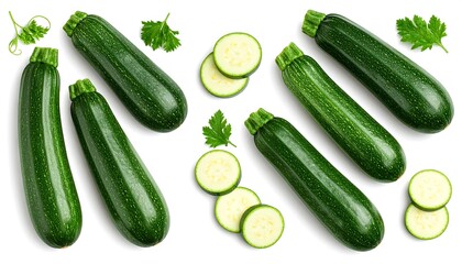 An overhead shot of several fresh green zucchini, whole and sliced, with parsley leaves arranged
