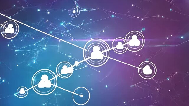 Central user icon node initiating connection, Abstract connection network with user icons, sharing information digitally on a colorful background
