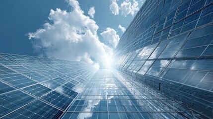 Solar panels reflecting sky and white clouds