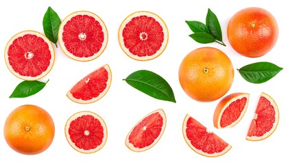 An overhead shot of several grapefruit, whole, halved, and segmented, along with green leaves against a bright white background