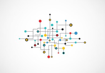Abstract network of colorful dots and connecting lines on a white background