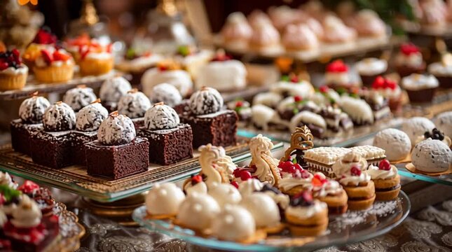 An assortment of pastries and desserts displayed on tiered trays at a buffet table setting