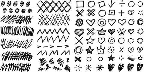 Collection of hand drawn black doodle elements including hearts stars circles and scribbles