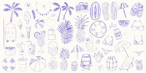 Collection of hand drawn summer vacation icons and elements in purple ink on a white background