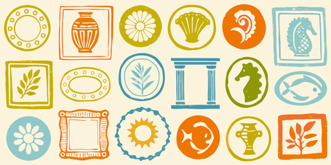 Collection of hand drawn stamp style illustrations featuring nautical and botanical motifs