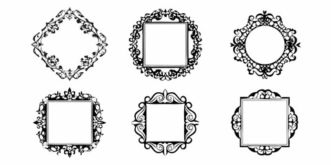 Collection of six ornate black and white decorative frames and borders with intricate floral and scrollwork designs