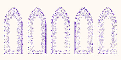 Five gothic arch frames decorated with delicate purple floral vines and blossoms on a cream background