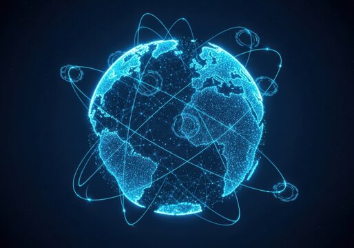 Glowing blue digital earth with orbiting data streams representing global connectivity