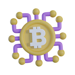 Bitcoin Network 3D Illustration with Yellow Coin Purple Pipes and Transparent Background Blockchain Technology and Decentralized Currency