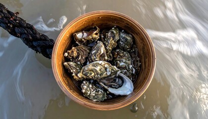 An overhead shot reveals fresh oysters in a wooden bowl, near a dark rope. Soft water creates a blurred background