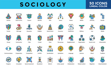 Sociology icons set with society, social norms, culture, identity, role, status, values, beliefs, ethnicity, gender icon. Simple lineal color vector illustration 

