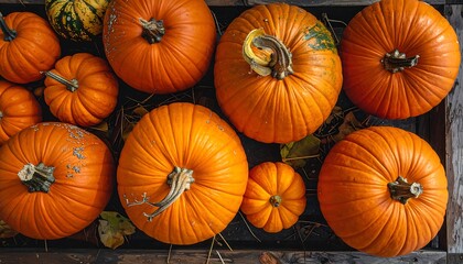 An overhead shot showcases a variety of pumpkins of different sizes and shapes, arranged inside a wooden crate with dried leaves