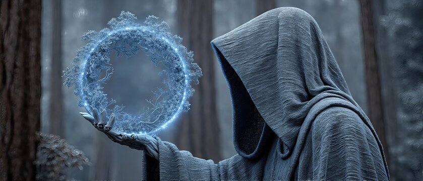 Hooded cloaked figure holding a glowing magical ring against a textured blue-gray backdrop.