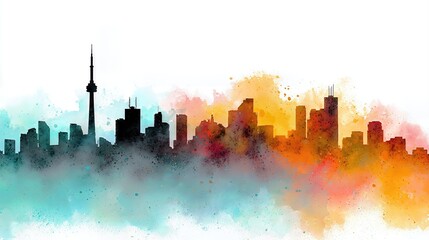 Colorful watercolor city skyline silhouette with a tall tower and abstract paint splashes.