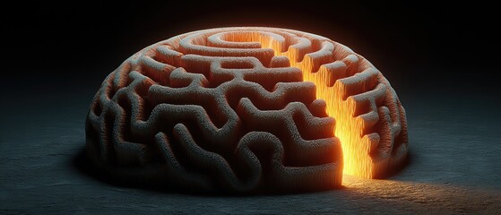 Stylized brain-shaped maze with a glowing molten fissure emitting orange light
