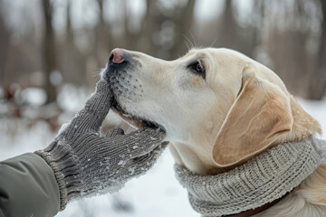 Dog and owner enjoy snowy forest walk, playful bite on mitten highlights pet enthusiasm.