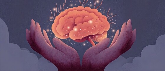 Illustration of a glowing brain cradled in cupped hands, symbolizing mental care, healing, and mindfulness.
