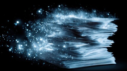 Stack of papers with ethereal light and particles