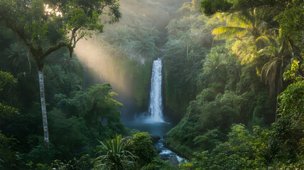 Discover majestic waterfall cascading through lush jungle
